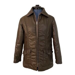 Vtg JC Penny Womens Brown Zip Up Hooded Nylon Puffer Jacket Retro 70s Ski Size M